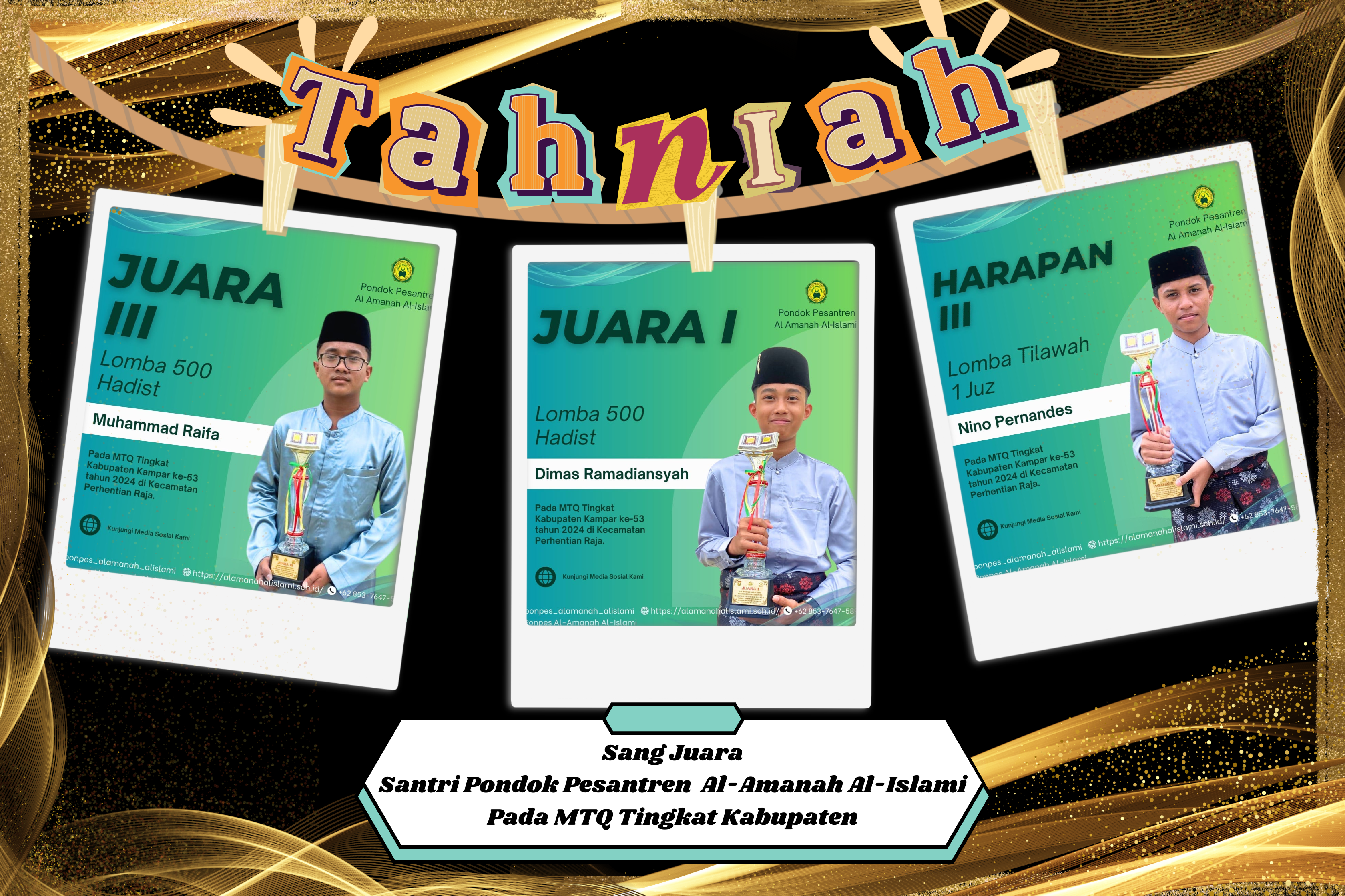 Siapa bilang belajar di pondok pesantren cuma soal menghafal? Di Pondok Pesantren Al-Amanah Al-Islami, kamu bisa jadi juara! Seperti Dimas Ramadiansyah dan Muhammad Raifa, yang berhasil memenangkan lomba hafalan hadits di MTQ Kabupaten Kampar ke-53, atau Nino Pernandes yang mengukir prestasi di tilawah Al-Qur’an. Di sini, kamu nggak cuma belajar agama, tapi juga diasah untuk tampil percaya diri dan berprestasi di berbagai bidang. Yuk, gabung sekarang dan buktikan bakatmu!